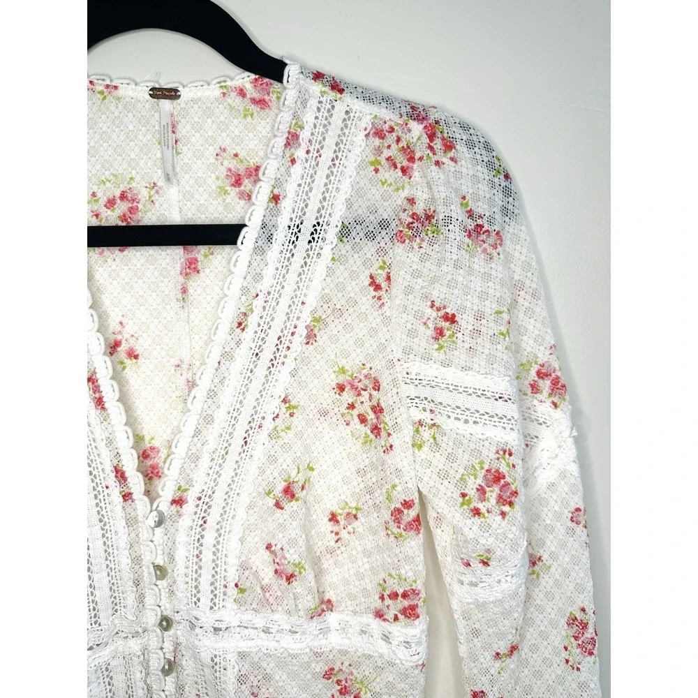 Free People Kika Printed Top Floral Lace Cardigan White Pink M Coquette Cutecore - Picture 6 of 16